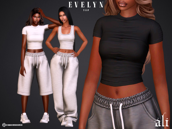 Sims 4 — EVELYN top by ali1 — Set Includes: Top, Ribbed Tank Top, Baggy Sweatpants and Bermuda Shorts