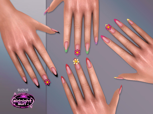 Sims 4 — Almond Flower Nails by Suzue — New Mesh (Suzue)
