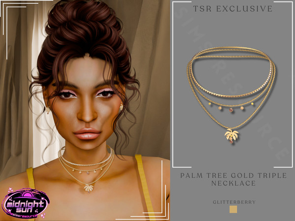 Sims 4 — Midnight Sun - Palm Tree Gold Triple Necklace by Glitterberryfly — A gold palm tree necklace with 3 gold chains