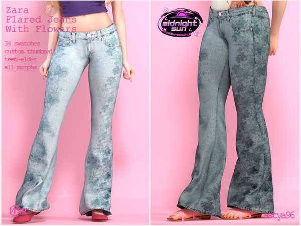 Sims 4 — Midnight Sun Flared Jeans With Flowers by astya96cc — 24 34 swatches