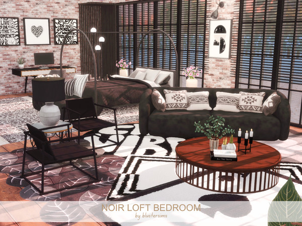 Sims 4 — Noir Loft Bedroom by BlusterSims — A modern loft bedroom featuring exposed brick walls, black-framed windows,