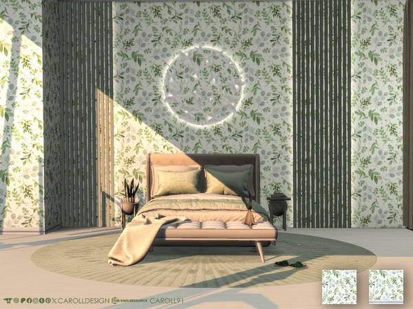 Sims 4 — Foglia Wall by Caroll912 — A 2-swatch neutral, whited-toned wallpaper in green foliage pattern. It comes as