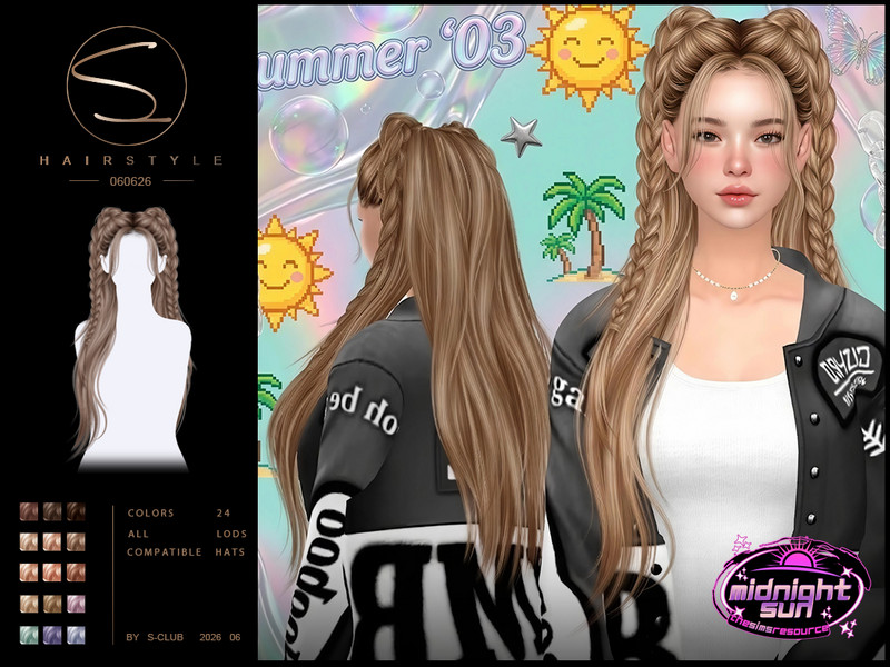 Sims 4 Black hairstyle CC S-CLUB BRAID LONG HAIRSTYLE MidnightSun by S-Club