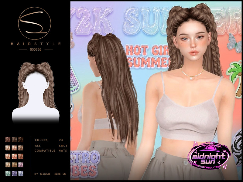 Sims 4 Black hairstyle CC S-CLUB BRAID LONG HAIRSTYLE MidnightSun by S-Club