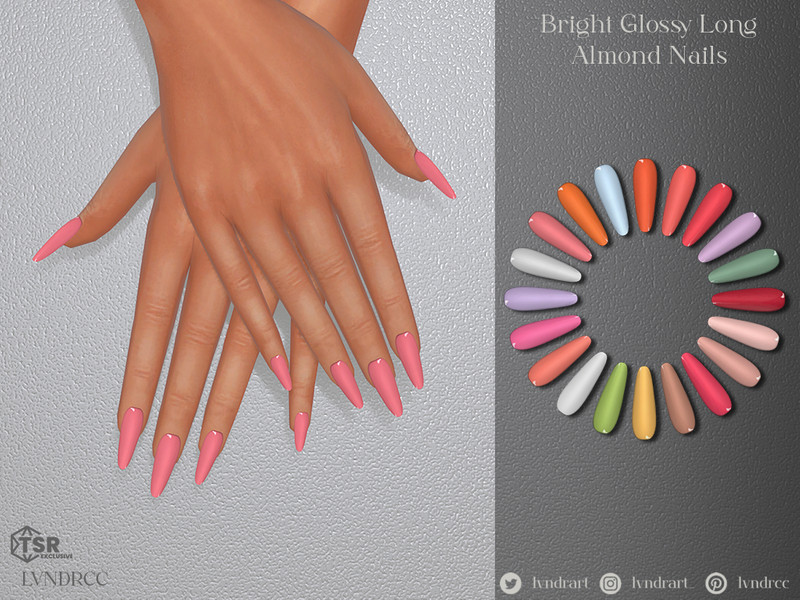 Sims 4 Bright Glossy Long Almond Nails by LVNDRCC