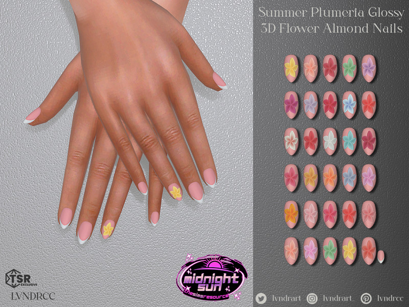 Sims 4 Summer Plumeria Glossy 3D Flower Almond Nails by LVNDRCC