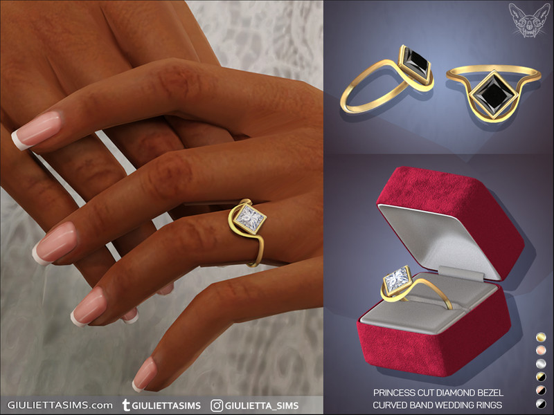 Sims 4 Princess Cut Diamond Bezel Curved Band Engagement Ring by feyona