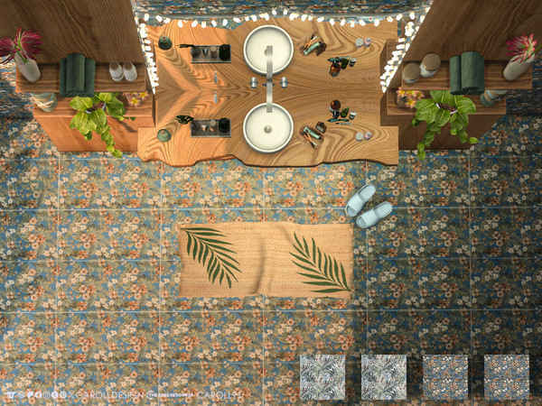 Sims 4 — Tropico Floor by Caroll912 — A 4-swatch tropical plants patterned tiled floor in blue and white tones as well as