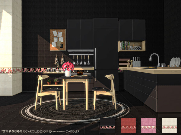 Sims 4 — Campagna Wall by Caroll912 — A 4-swatch classic tiled wall in black, red, pink and beige tones. Suitable for