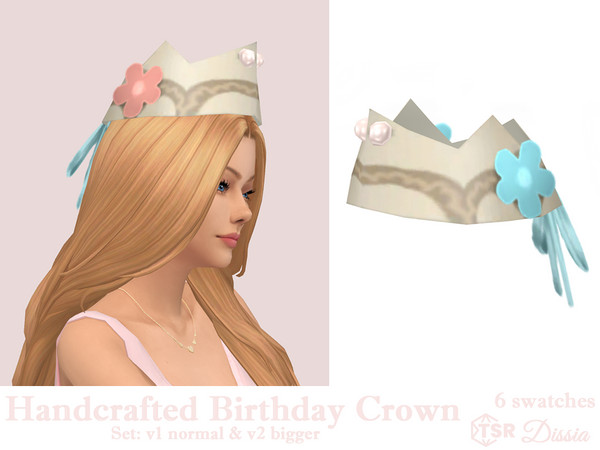 Sims 4 — Handcrafted Birthday Crown (Bigger) by Dissia — Handmade bday hat with a flower, pearls and bow at back