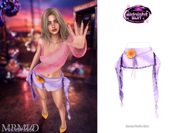 Sims 4 — MERMALADE Sunset Ruffle Skirt by Mermalade — Midnight Shimmer Top