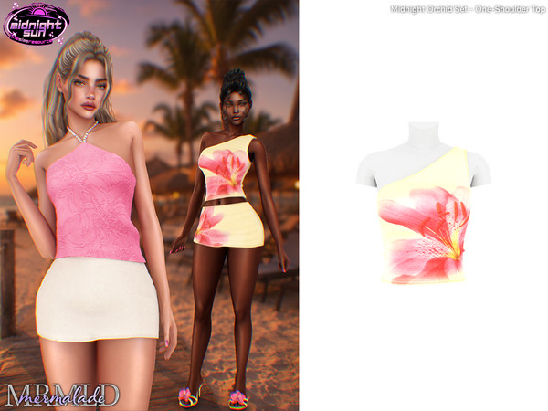 Sims 4 — MERMALADE Midnight Orchid Set - One-Shoulder Top by Mermalade — Halter Top