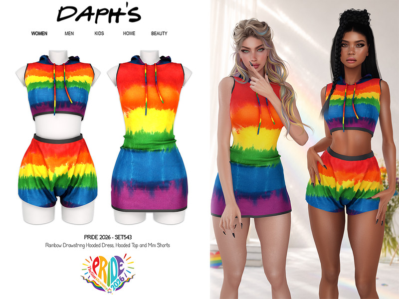 Sims 4 CC DAPHS - PRIDE 2026 SET543 - Rainbow Drawstring Hooded Dress C1790 - TSR by Daph's