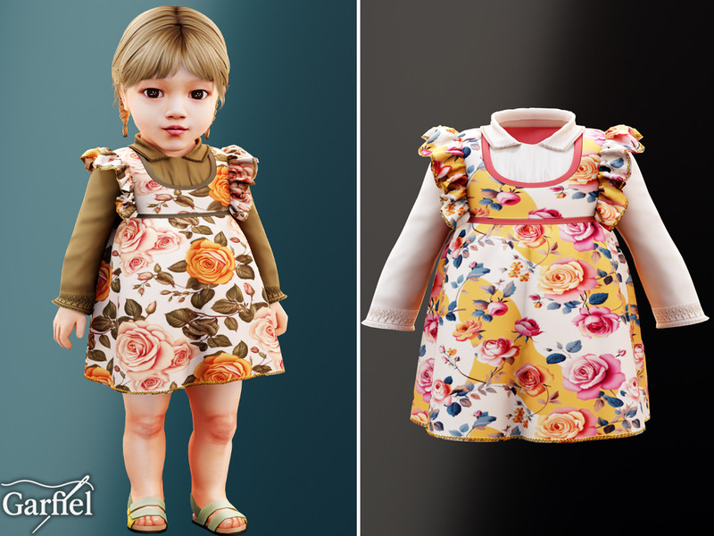 Sims 4 male-category clothing across ages CC Infant - Floral ruffle pinafore layered over a collared blouse by Garfiel