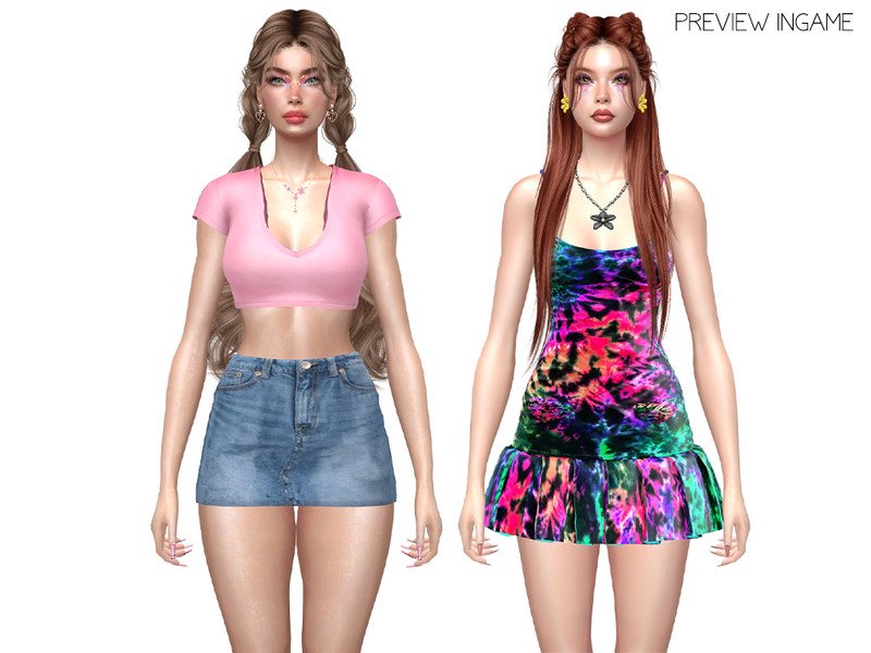 Sims 4 preppy plaid and campus fashion CC DAPHS - MIDNIGHT SUN - Tie-Dye Pleated Mini Dress C1803 - TSR by Daph's