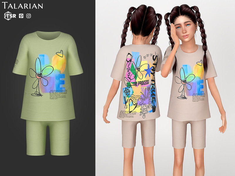 Sims 4 girls clothing CC Hannah Graphic Print Tee Bike Shorts Outfit by talarian
