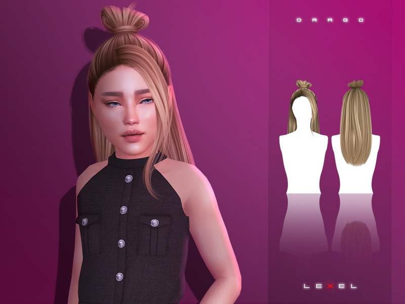 Sims 4 long flowing and layered hairstyle CC LEXEL - Drago long updo with bun "child hairstyle" by LEXEL_s