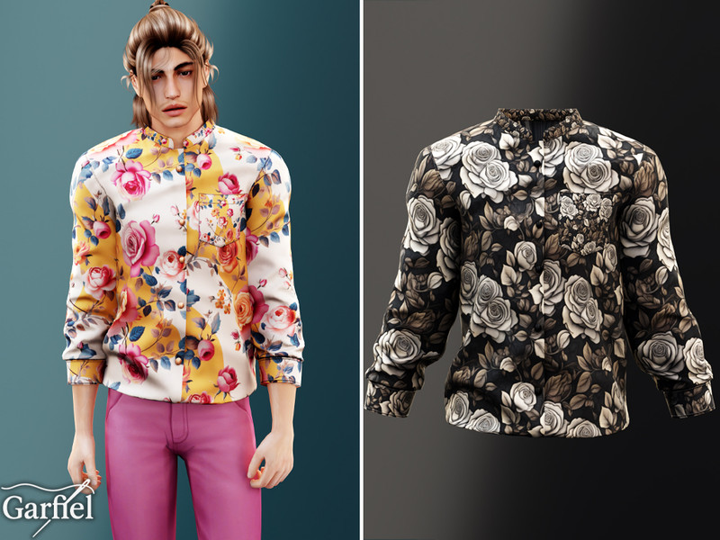 Sims 4 men’s clothing CC Adult - Floral button shirt with bold rose print by Garfiel