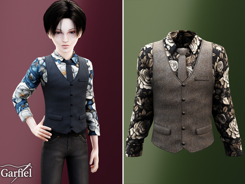 Sims 4 boys clothing CC Child - Floral shirt with tailored vest and slim tie by Garfiel