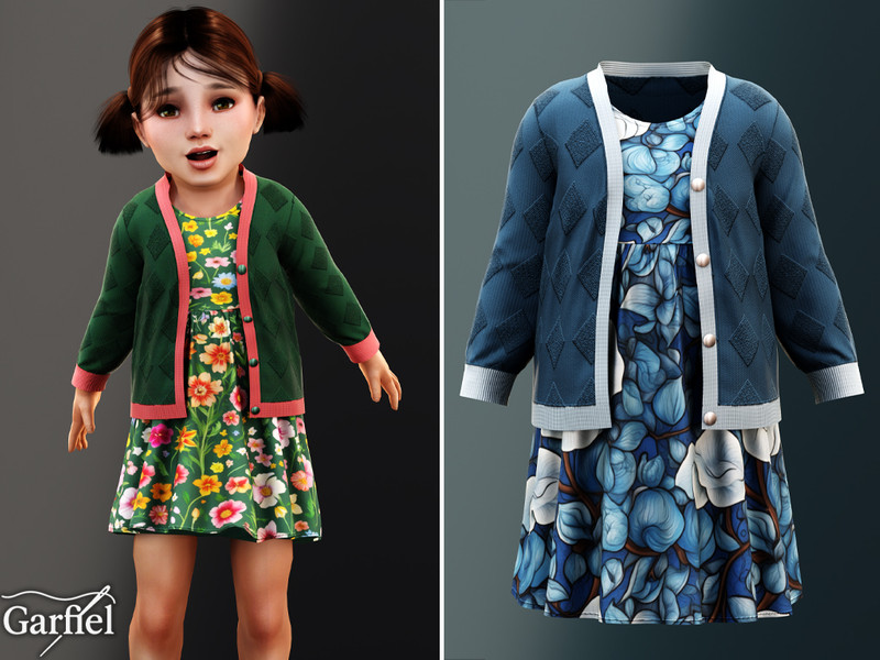 Sims 4 preppy plaid and campus fashion CC Toddler - Floral dress with diamond cardigan and contrast trim by Garfiel