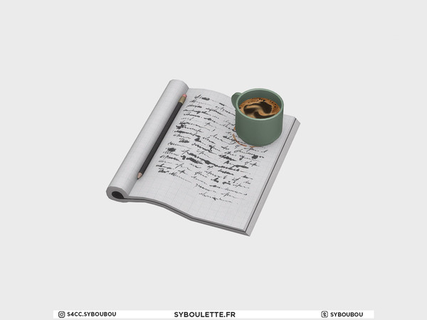 Sims 4 — Millennial - Notebook & coffee by Syboubou — Clutter notebook with illegible writings.