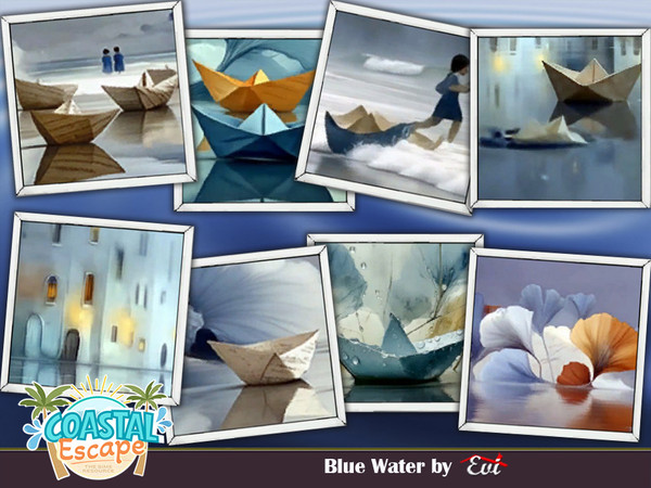 Sims 4 — Blue waters by evi — Wall paintings with sea and little boats theme .