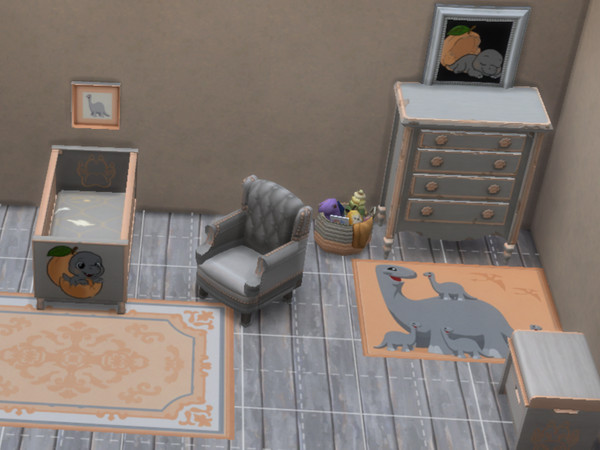 Sims 4 — WV Peach Dino Nursery Toy box by WriterVengeance — Recolored base game objects. The T-Rex and peach are my hand