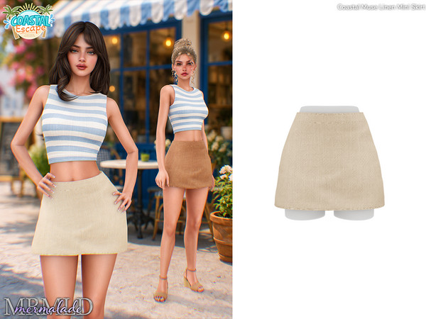 Sims 4 — MERMALADE Coastal Muse Linen Mini Skirt by Mermalade — Coastal Muse Striped Top - Coastal Muse Linen Mini Skirt
