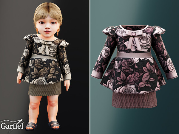 Sims 4 — Infant - Rose print dress with bow and textured skirt by Garfiel — A sweet infant dress featuring a soft rose