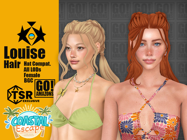 Sims 4 — Louise Hair by GoAmazons — Low pigtails with braids for wavy hair.