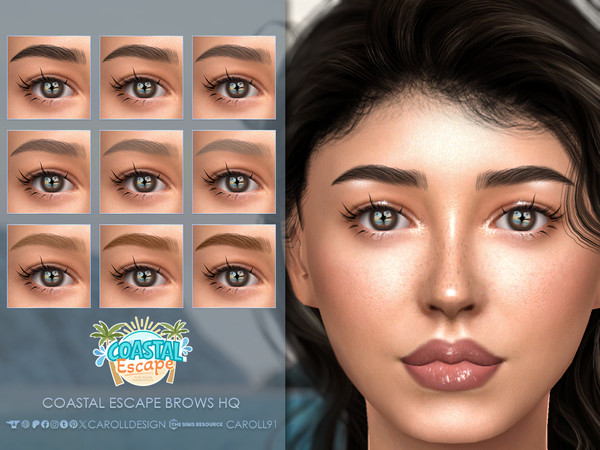 Sims 4 — Coastal Escape Brows HQ by Caroll912 — A 9-swatch bushy, slightly arched eyebrows in different tones of black,