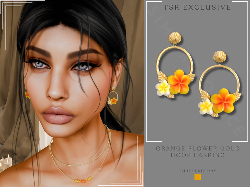 Sims 4 Orange Flower Gold Hoop Earring by Glitterberryfly