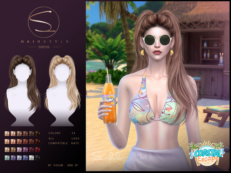 Sims 4 ponytail hair CC S-CLUB Double Ponytail HAIR Coastal Escape by S-Club
