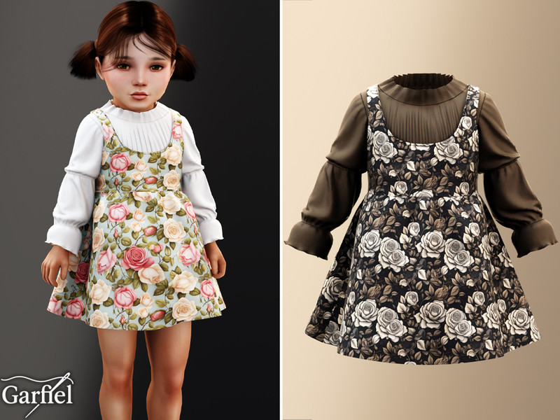 Sims 4 preppy plaid and campus fashion CC Toddler - Floral pinafore dress with pleated high neck blouse by Garfiel