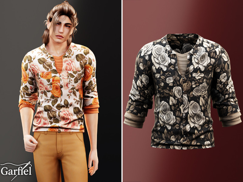 Sims 4 men everyday clothing CC Adult - Layered rose print shirt with rolled sleeves by Garfiel