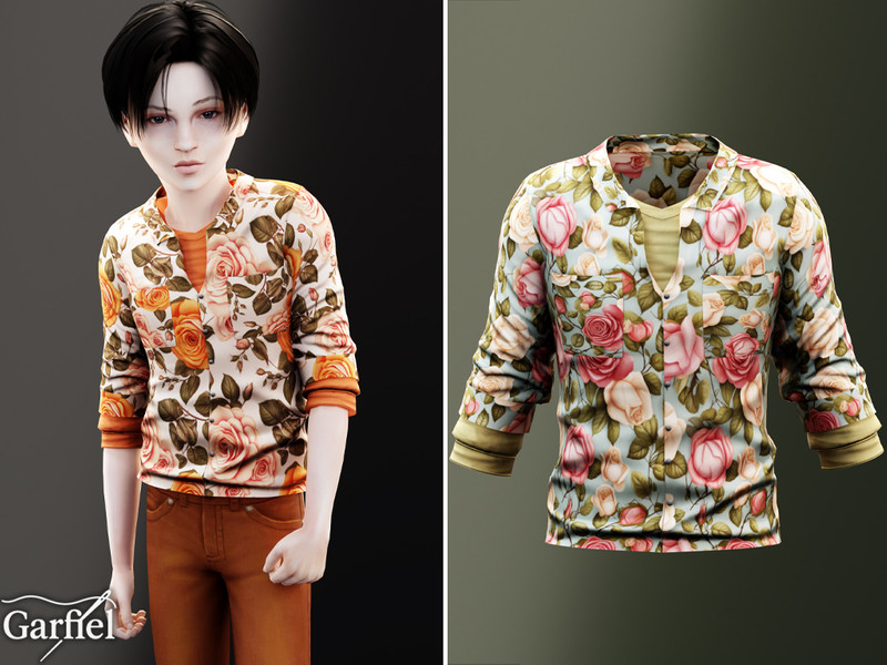 Sims 4 boys clothing CC Child - Rose print layered shirt with rolled sleeves by Garfiel