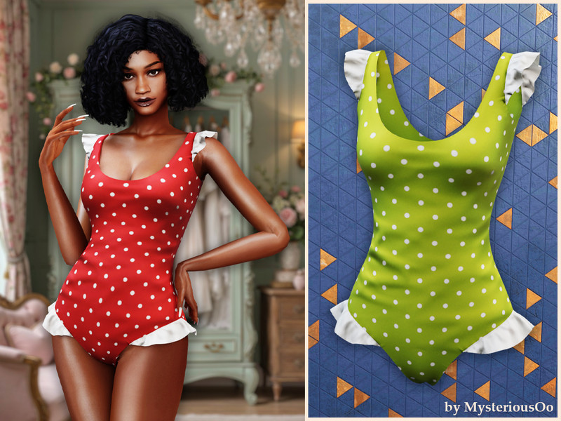 Sims 4 CC Ruffle polka dot swimsuit by MysteriousOo