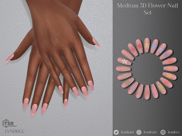 Sims 4 — Medium Ballerina French 3D Flower Nails by LVNDRCC — Set of medium length nails, with decorative sculpted flower