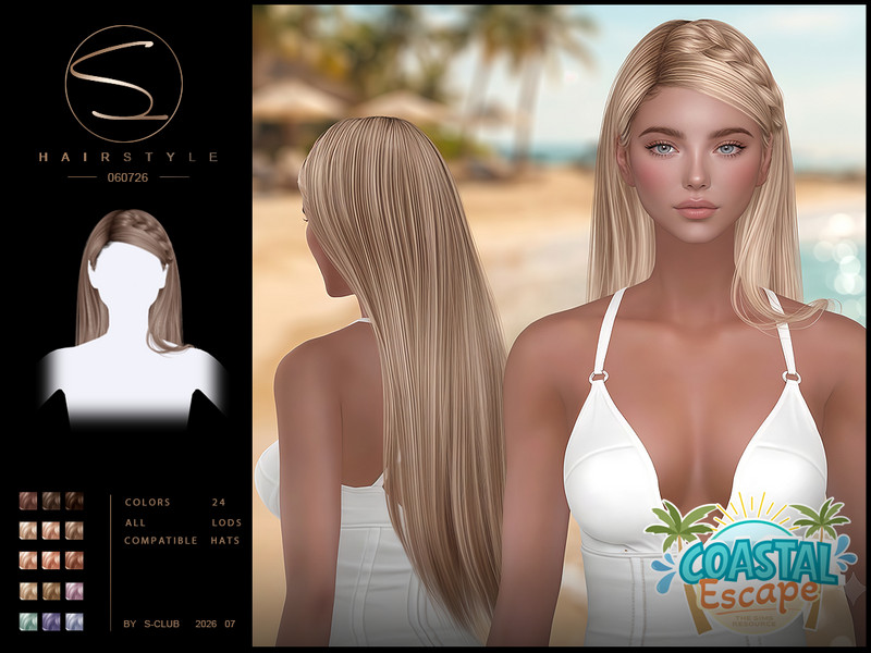 Sims 4 long flowing and layered hairstyle CC S-CLUB LONG HAIRSTYLE Coastal Escape by S-Club