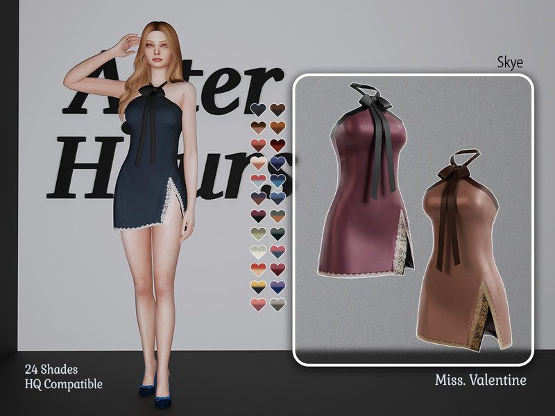Sims 4 festive sparkle satin and party fashion CC Skye short satin dress with halter neck by MissValentine142