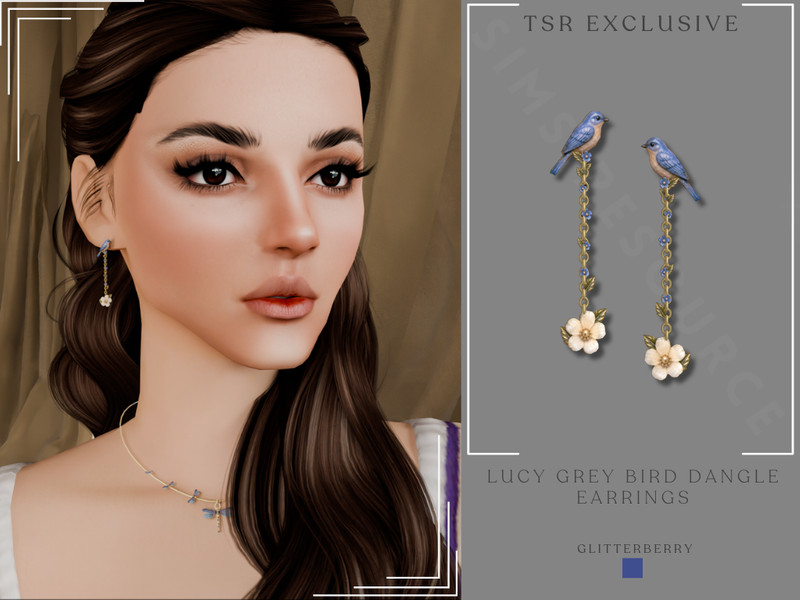 Sims 4 pet and animal accessory CC Lucy Grey Bird Dangle Earrings by Glitterberryfly