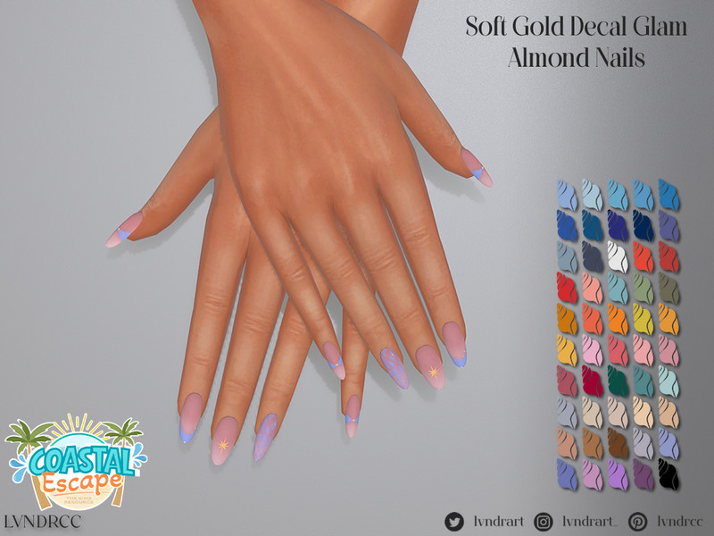 Sims 4 CC Coastal Escape - Soft Gold Decal Glam Almond Nails by LVNDRCC