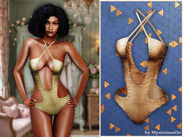 Sims 4 — Cutout halter monokini by MysteriousOo — This striking monokini features a plunging front cutout, dramatic side