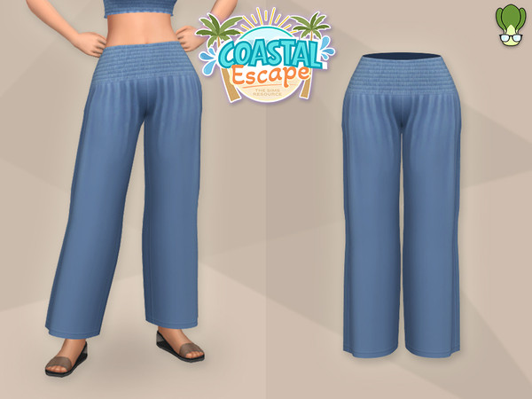 Sims 4 — Coastal Escape - Shirring Waist Wide Leg Trousers by kapakijo — Shirring crop top & wide leg trousers