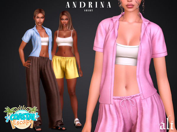 Sims 4 — Coastal Escape - ANDRINA shirt by ali1 — Unbuttoned Shirt, Tank Top, Pants and Shorts