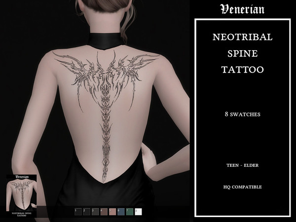 Sims 4 — Neotribal Spine Tattoo by Venerian by Venerian — 8 swatches Located in the upper back tattoo category Teen to