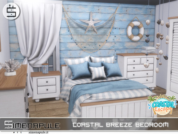 Sims 4 — Coastal Breeze Bedroom by Simenapule — Coastal Breeze A cozy coastal bedroom featuring weathered wood, soft blue