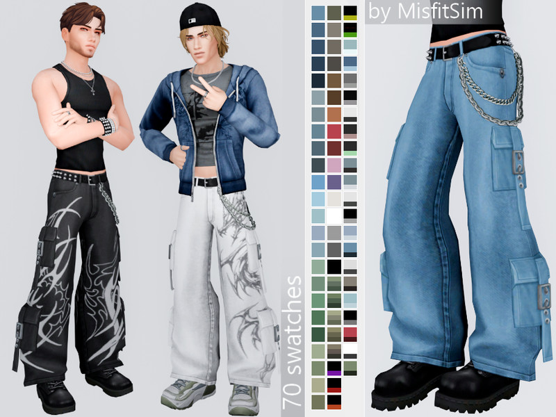 Sims 4 skater baggy and street casual fashion CC Thrashed Baggy Chain Jeans for male by MisfitSim_
