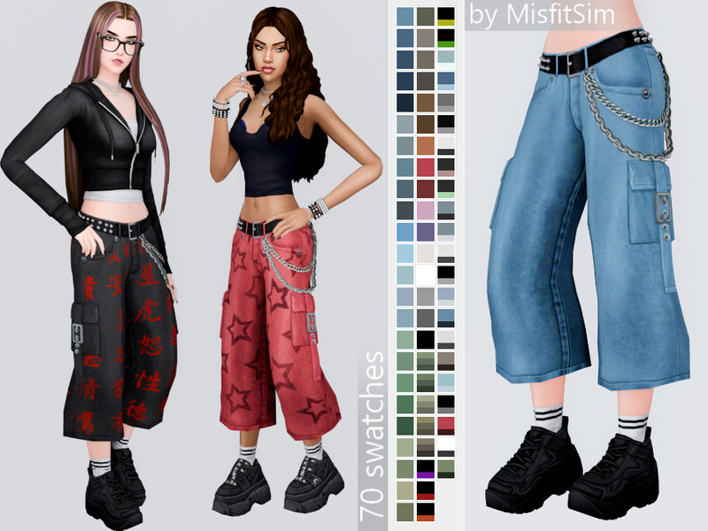 Sims 4 skater baggy and street casual fashion CC Thrashed Cropped Baggy Chain Jeans for female by MisfitSim_