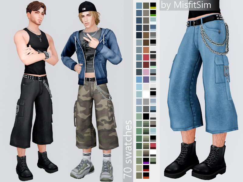 Sims 4 skater baggy and street casual fashion CC Thrashed Cropped Baggy Chain Jeans for male by MisfitSim_
